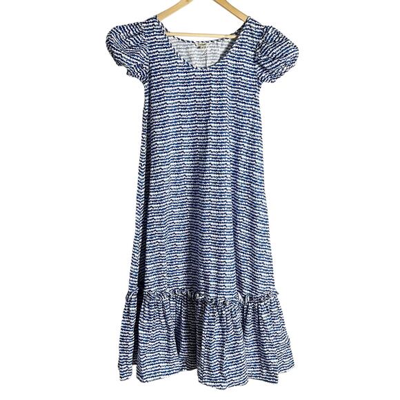 Tucker Blue White Striped Print Puff Sleeve Trapeze Midi Dress Size XS